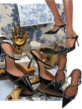 🆕 KURT GEIGER LONDON 🧿 NWOB Strass Point Mule, Black Patent - Sz 37 US 7